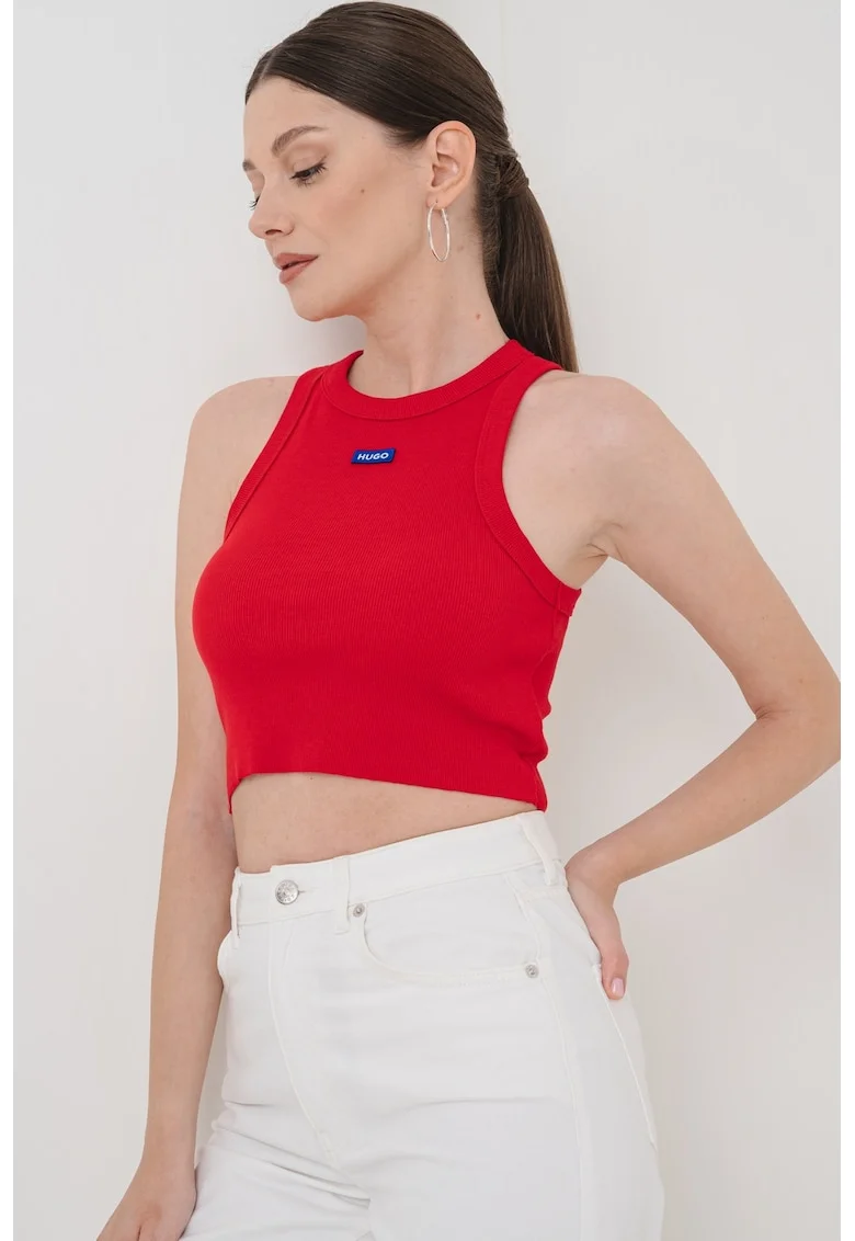 Top crop striat cu detaliu logo, Alb/Albastru royal/Rosu vermillion