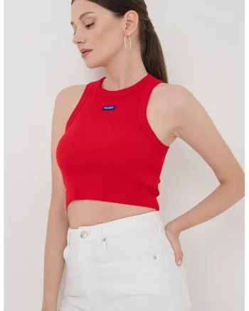 Top crop striat cu detaliu logo, Alb/Albastru royal/Rosu vermillion