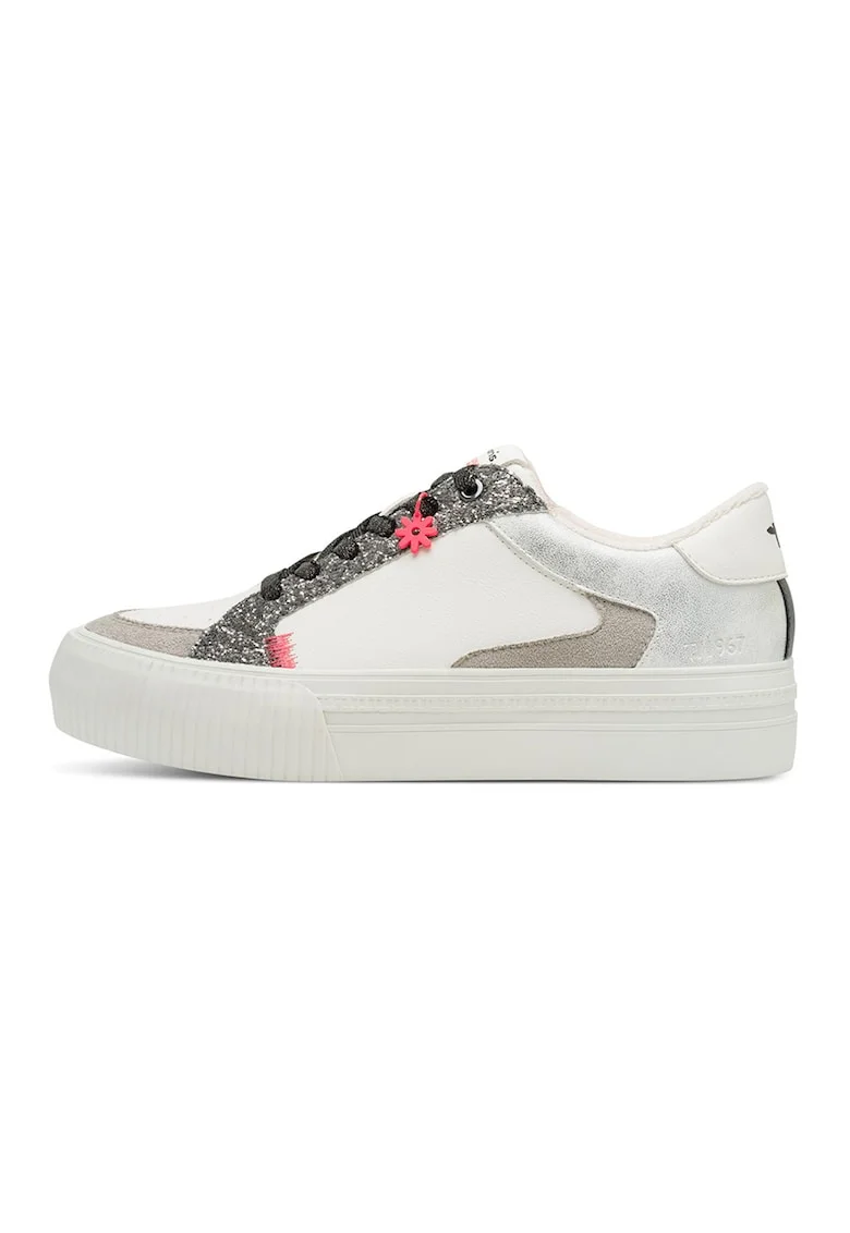 Pantofi sport flatform din piele ecologica cu detalii stralucitoare, Alb/Argintiu