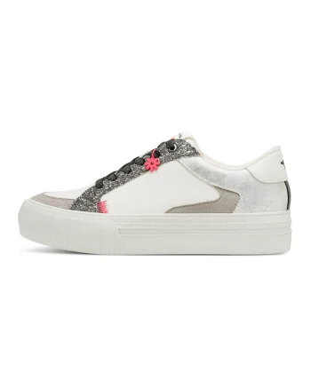 Pantofi sport flatform din piele ecologica cu detalii stralucitoare, Alb/Argintiu