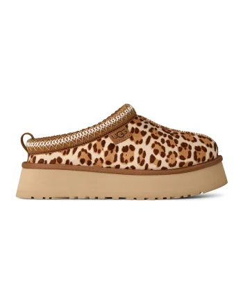 Saboti din piele cu par scurt cu model animal print Tazz, Maro/Crem