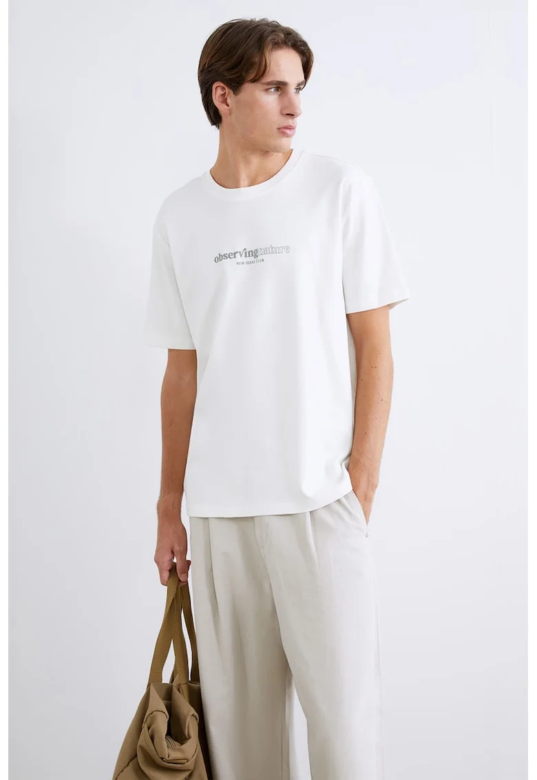 Tricou cu decolteu la baza gatului si design text, Alb/Verde