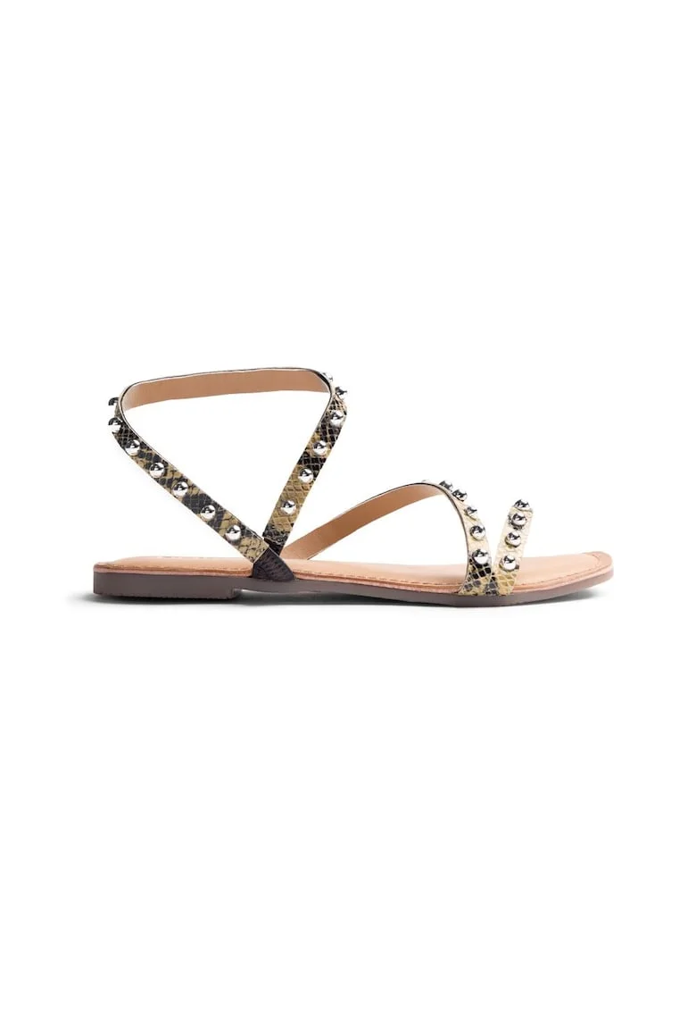 Sandale de piele cu animal print si varf patrat, Galben deschis