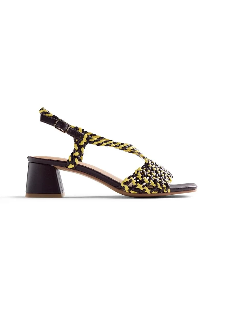 Sandale de piele cu garnituri impletite, Negru/Galben