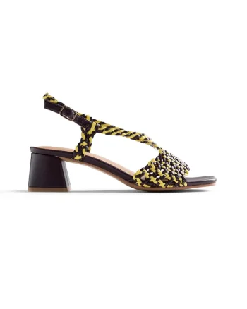 Sandale de piele cu garnituri impletite, Negru/Galben
