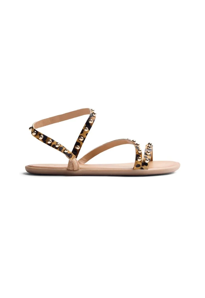 Sandale de piele cu barete multiple si animal print, Negru/Maro