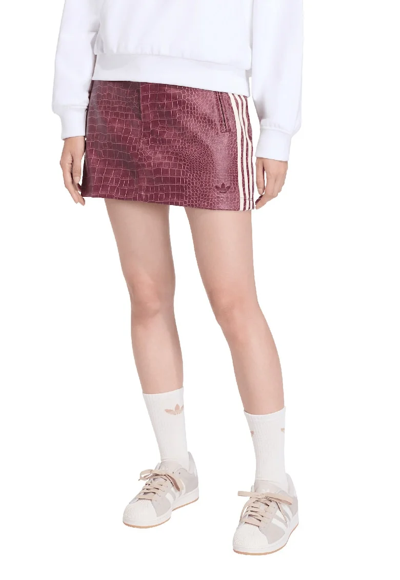 Fusta mini din piele cu model piele de crocodil, Alb/Rosu prafuit