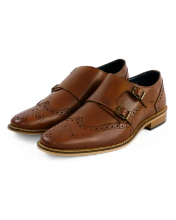Pantofi barbatesti din piele tip monk maro cu catarame, Maro