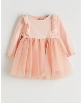 Rochie evazata cu aplicatie din tul, Roz somon