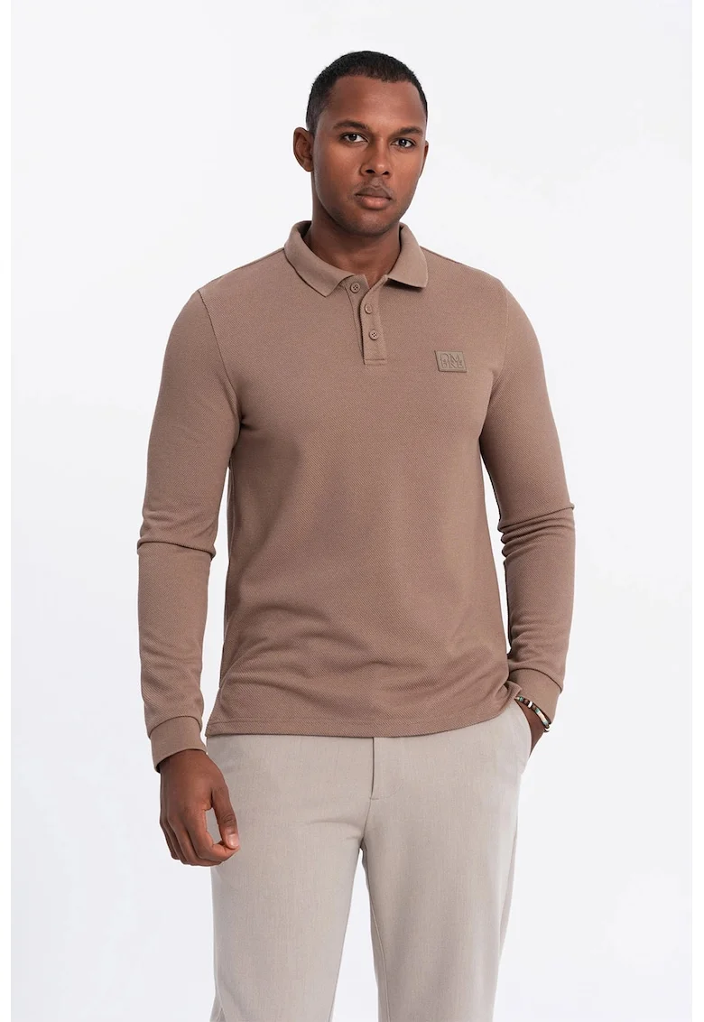 Bluza polo cu fenta cu fermoar, Maro camel
