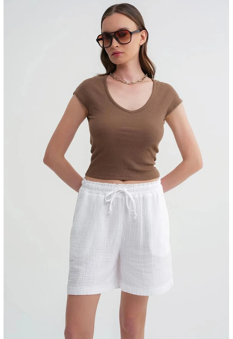 Pantaloni scurti dama,  bumbac texturat, talie inalta, Alb