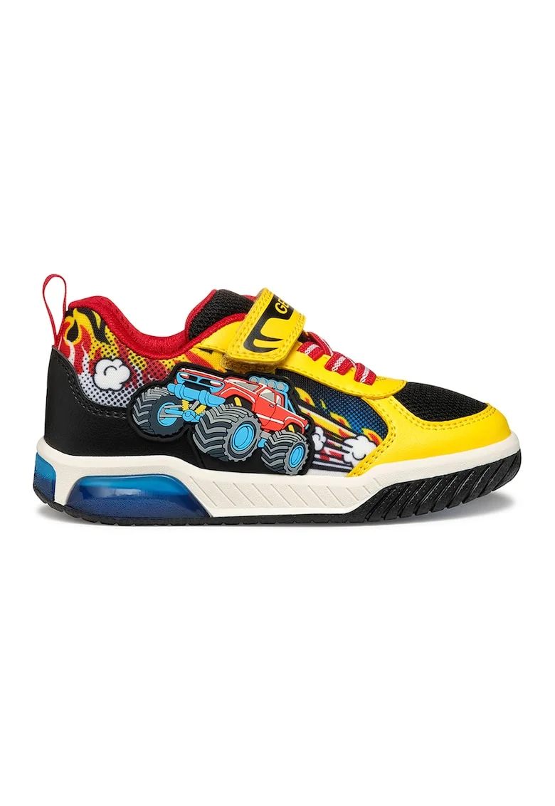 Pantofi sport din material textil cu velcro si garnituri sintetice, Coral/Galben pal/Negru stins
