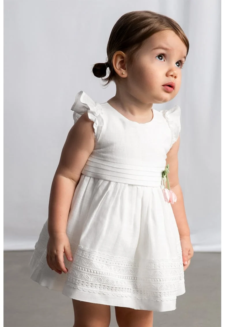 Rochie cu pliuri si garnitura brodata, Alb