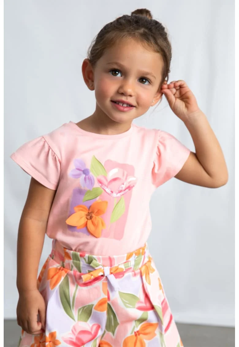 Tricou din amsetec de bumbac cu maneci fluture, Roz pastel