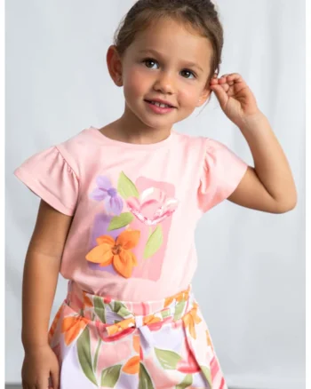 Tricou din amsetec de bumbac cu maneci fluture, Roz pastel
