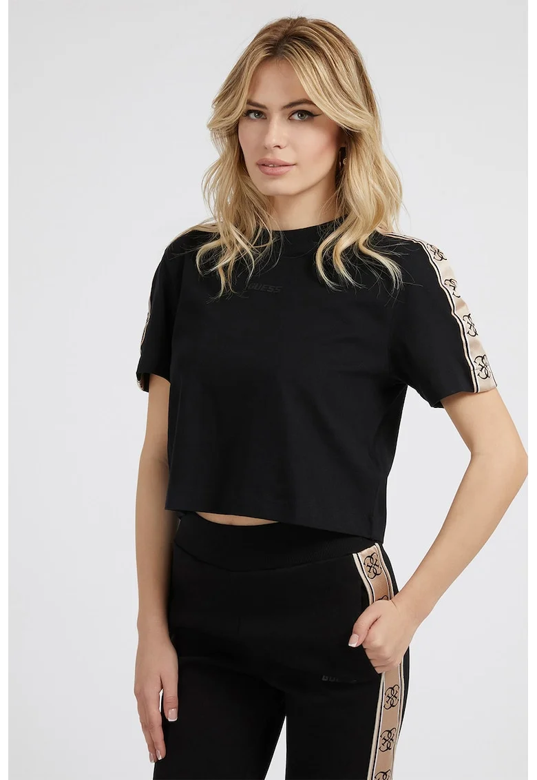 Tricou crop de bumbac cu segmente laterale cu logo, Negru