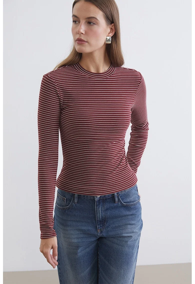 Bluza slim fit in dungi, Alb/Rosu inchis