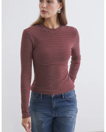 Bluza slim fit in dungi, Alb/Rosu inchis