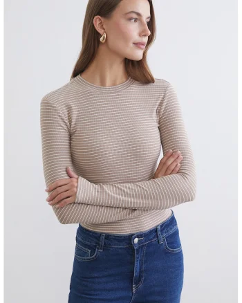 Bluza slim fit in dungi, Bej