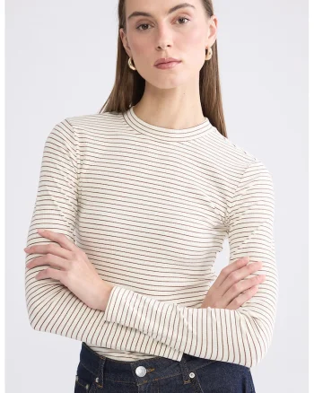 Bluza slim fit in dungi, Alb/Maro camel