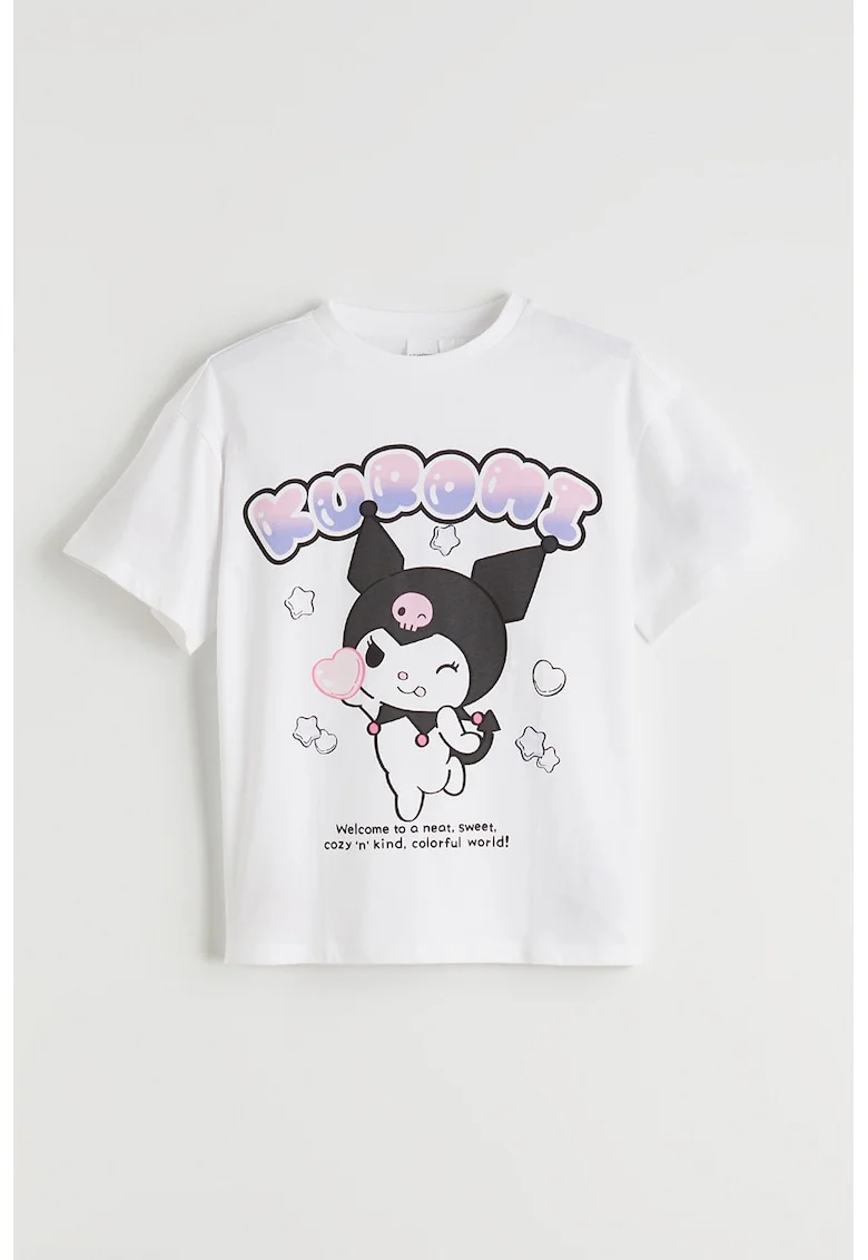 Tricou de bumbac cu imprimeu Kuromi, Alb/Negru/Roz pastel