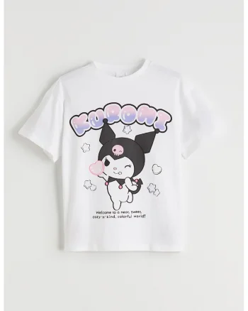 Tricou de bumbac cu imprimeu Kuromi, Alb/Negru/Roz pastel