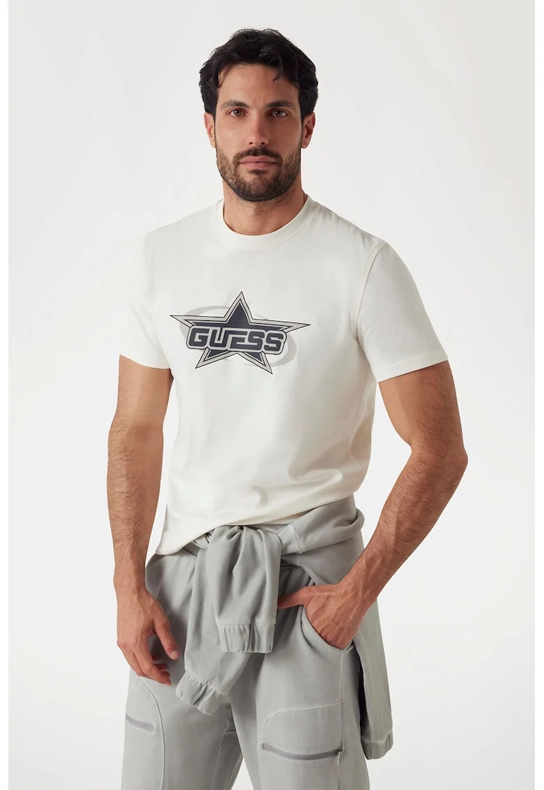 Tricou regular fit cu imprimeu logo pe partea din fata, Alb fildes/Gri inchis