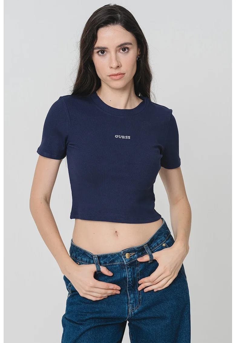 Tricou crop cu logo, pentru fitness, Alb murdar/Bleumarin