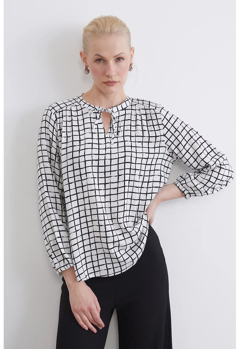 Bluza cu model si snur la baza gatului, Alb/Negru