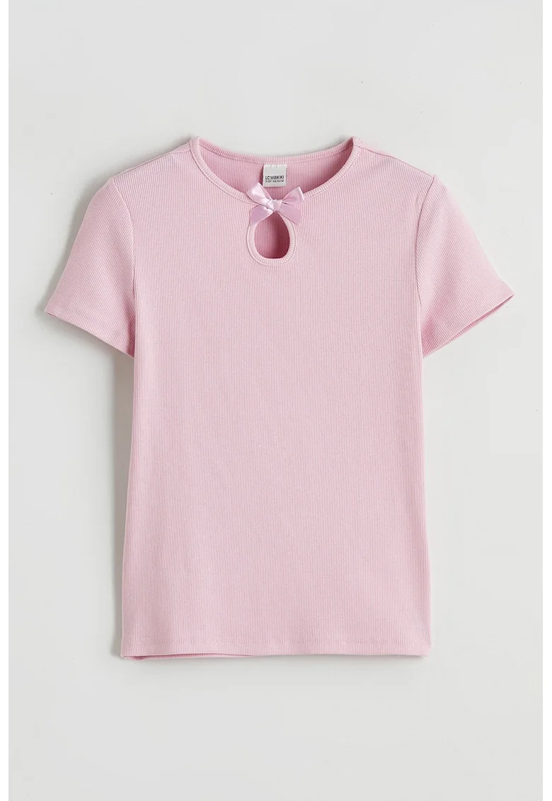 Tricou uni din amestec de bumbac cu decupaj decorativ, Roz deschis