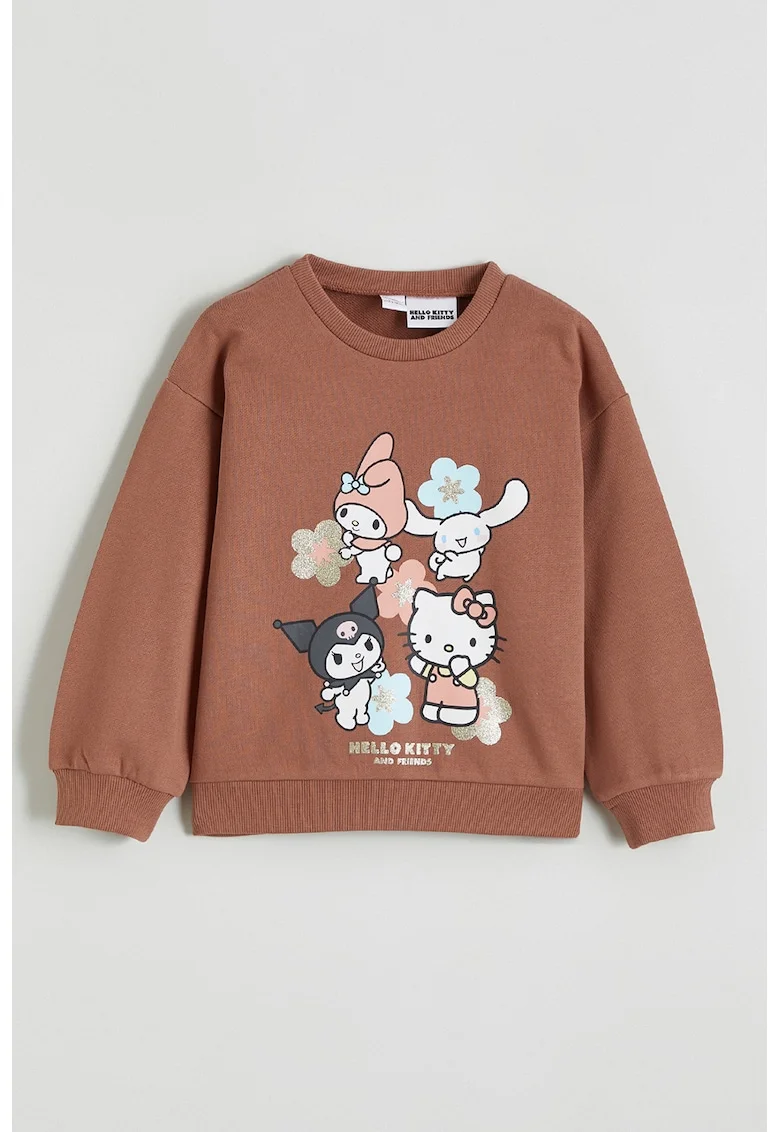 Bluza de trening cu decolteu la baza gatului si model grafic, Maro deschis