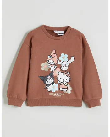 Bluza de trening cu decolteu la baza gatului si model grafic, Maro deschis