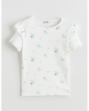 Tricou striat cu model floral, Alb/Albastru deschis