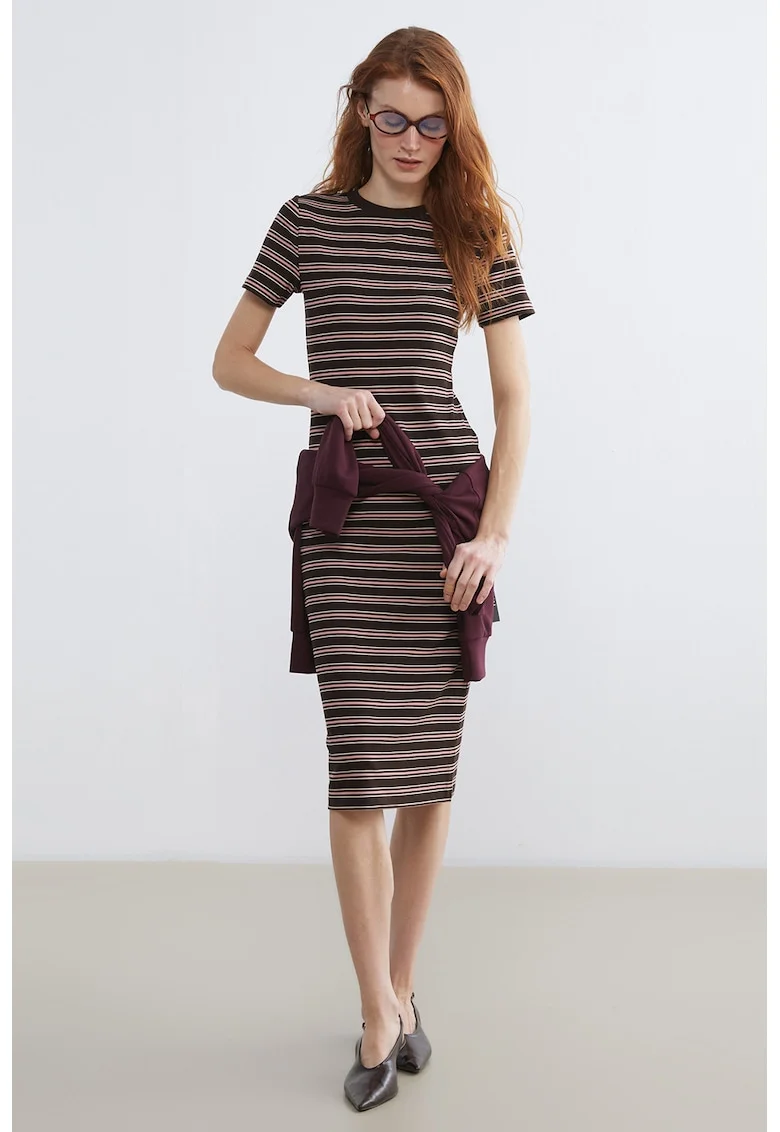 Rochie midi cu striatii si dungi, Alb/Maro inchis/Roz deschis