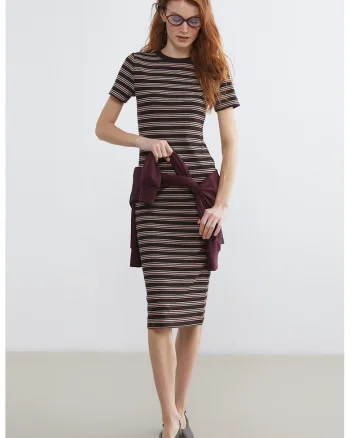 Rochie midi cu striatii si dungi, Alb/Maro inchis/Roz deschis