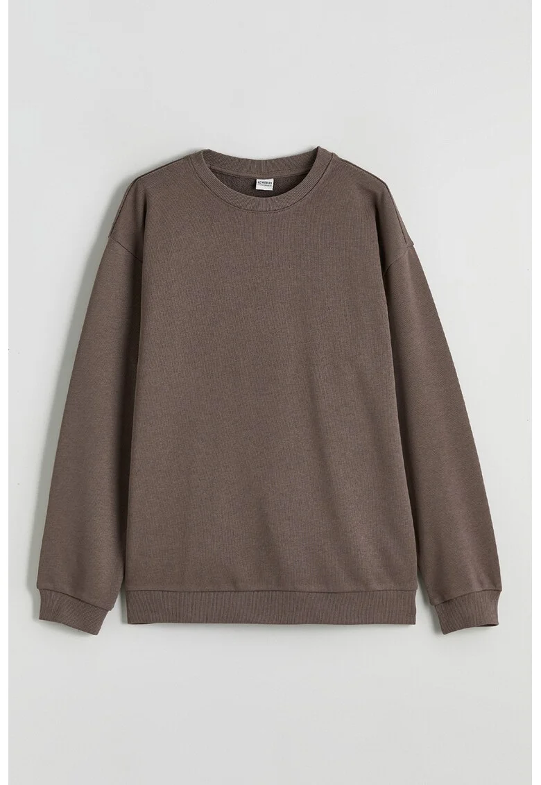 Bluza de trening cu model uni si decolteu la baza gatului, Maro