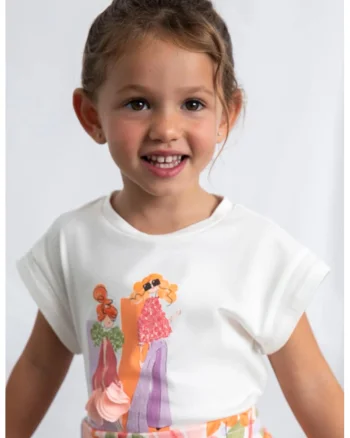 Tricou cu imprimeu grafic si decolteu la bza gatului, Piersica/Alb murdar
