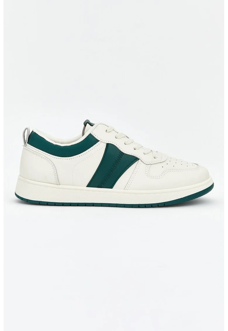 Pantofi sport din piele ecologica cu detalii perforate, Verde padure/Alb murdar