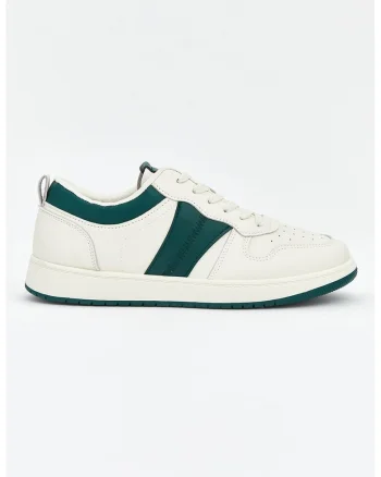 Pantofi sport din piele ecologica cu detalii perforate, Verde padure/Alb murdar