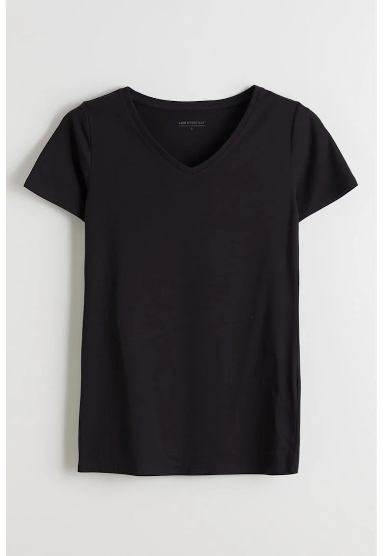 Tricou cu decolteu in V si model uni, Negru