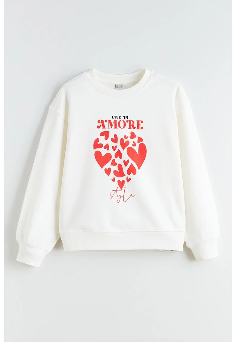 Bluza de trening din amestec de bumbac cu decolteu la baza gatului, Coral/Alb murdar