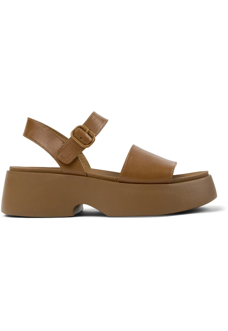 Sandale din piele cu talpa demi-wedge si catarama, Maro camel