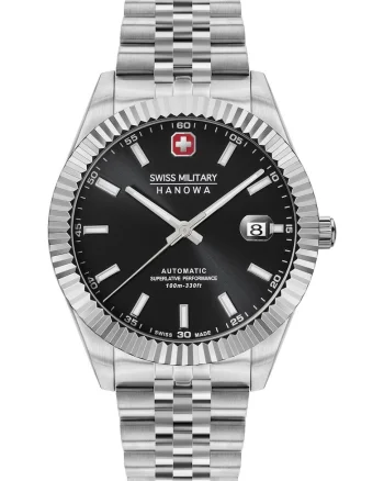 Ceas barbati  Diligenter Automatic, negru, inox, 10 ATM, bratara argintie