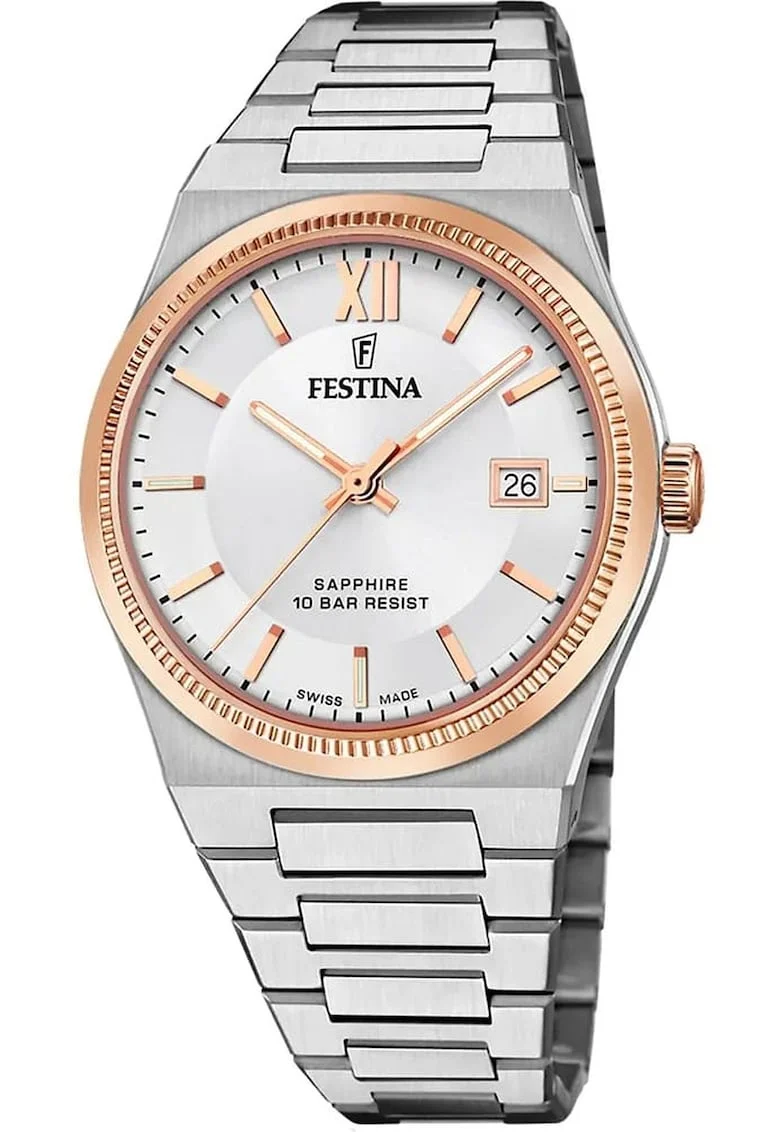 Ceas barbati Swiss Made,  Inox, Quartz, Argintiu/Roz