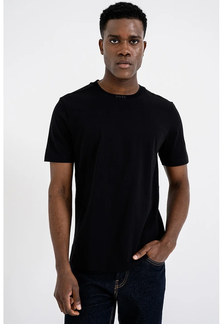 Tricou uni de bumbac cu decolteu la baza gatului, Negru