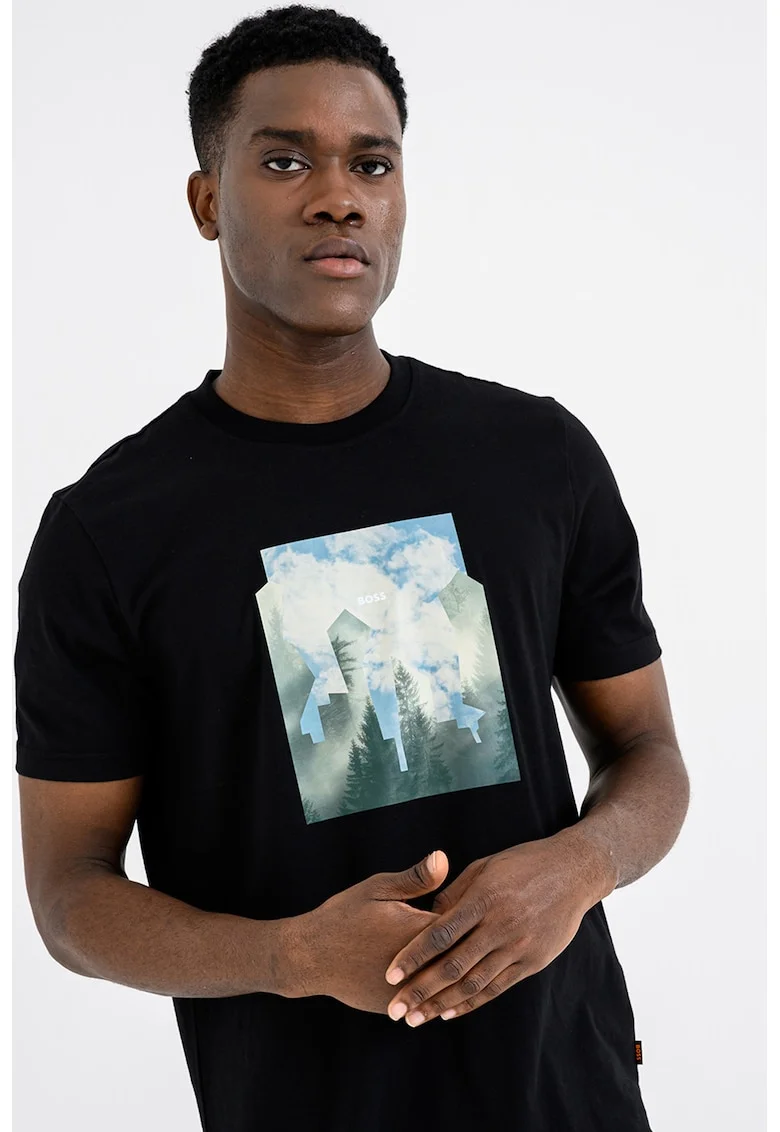 Tricou cu decolteu la baza gatului si imprimeu foto, Negru/Albastru lavanda/Verde feriga