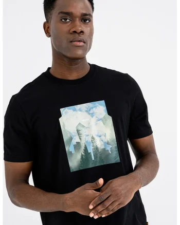 Tricou cu decolteu la baza gatului si imprimeu foto, Negru/Albastru lavanda/Verde feriga