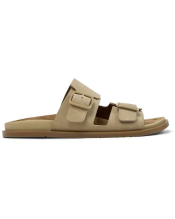Papuci din piele intoarsa cu catarame, Maro camel