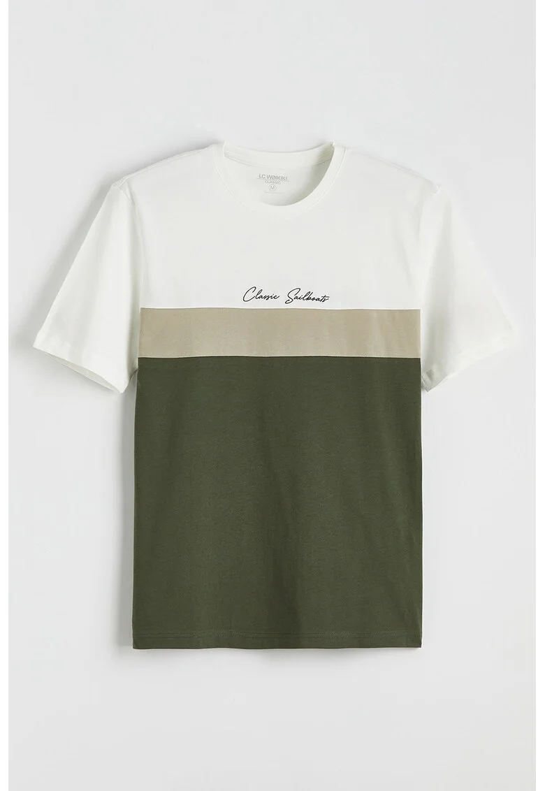 Tricou din bumbac cu model colorblock, Alb/Verde masliniu