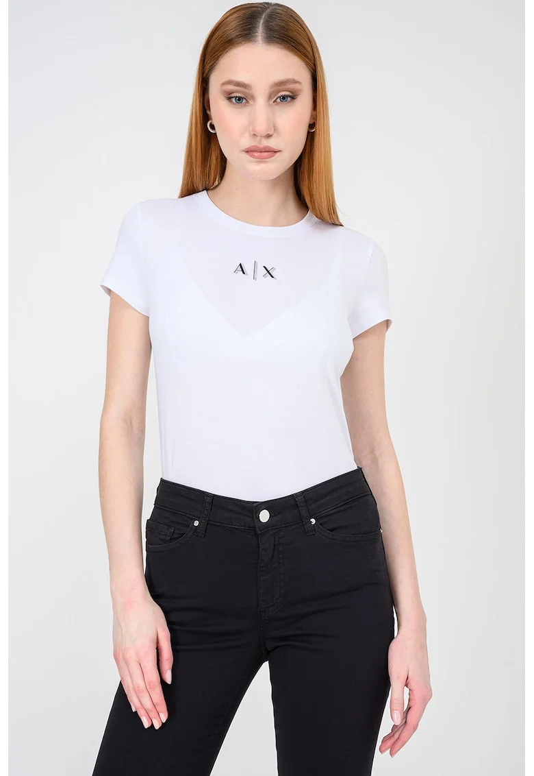 Tricou slim-fit din bumbac, Negru/Alb optic/Argintiu